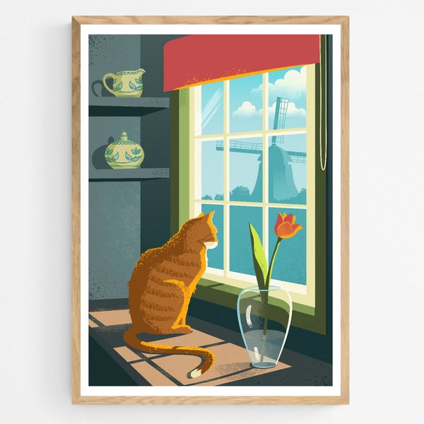 Chat Roux dans la Cuisine avec Poterie Bleue de Delft et Tulipe, Affiche de Voyage Néerlandaise, Cadeau pour Amoureux des Chats, Art Mural