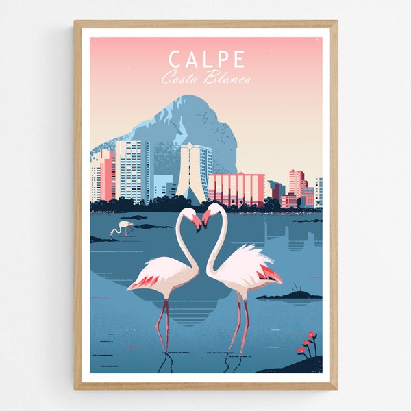 Calpe Espagne Affiche, Affiche de Voyage de Calpe Costa Blanca, Impression de Calpe, Calp, Décoration Murale Flamants Roses, Peñon de Ifach