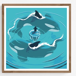 Lámina artística de orcas y pingüinos / Decoración de pared ilustrada de la Antártida / Póster de orca antártica / Tamaño cuadrado