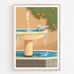 Fontana marocchina con piastrelle Zellige e stampa artistica di colombe, poster del giardino del cortile di Marrakech, arte murale marocchina con piccioni, arredamento mediterraneo