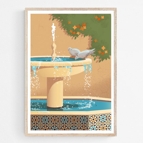 Affiche Fontaine Marocaine avec Carreaux Zellige et Pigeons, Jardin de la Cour à Marrakech Impression d'Art, Décoration murale de Maroc