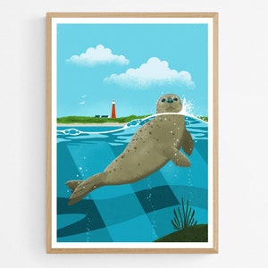 Seehund Nationalpark Poster, Kunstdruck Illustration an der Wand, Schiermonnikoog NP, Robbe Wanddekoration