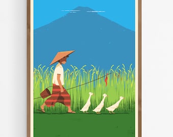 Duck Herder with Ducks in Rice Field Art Print, Bali Travel Poster, Ducklings, Asia Birds Wall Art, Indonesia Illustration, Animal Decor