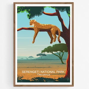 Cheetah in Tree Art Print, Serengeti National Park Poster, Tanzania Africa Travel Poster, Savanna Leopard Panther Illustration Wall Decor