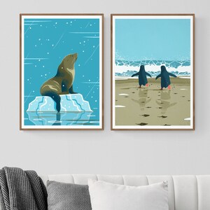 2 Antarctic Animals Art Prints, Set of 2 Posters, Choose Any two, Antarctica Illustrated Series, Penguins Orcas Seal Decor, Bundle, Diptych