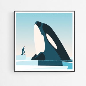 Lámina artística con adorables amigos orca y pingüino, decoración de pared ilustrada de la Antártida, póster de orca y pingüino antártico, tamaño cuadrado