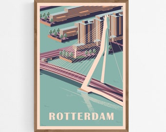 Rotterdam Art Print, Erasmus Bridge Graphic Illustration, Holland Travel Poster, Geometric Cityscape, Architectural Home Decor