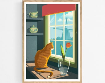 Orange Cat in Kitchen with Delft Blue Pottery and Tulip Art Print, Cat Illustration, Dutch Travel Poster, Cat Lover Gift, Wall Art