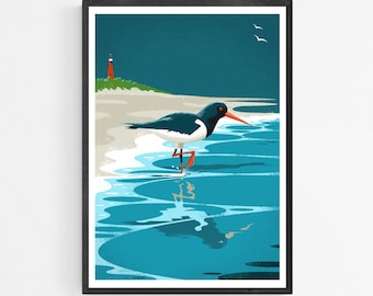 Oystercatcher Bird Poster, National Park Schiermonnikoog Art Print, Shorebird, Coastal Animal Wall Decor, Seashore Travel Poster