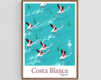 Costa Blanca Poster, Spain Flamingos Travel Art Print, Mediterranean Flamingo Wall Decor, Calpe Moraira Alicante Benidorm Torrevieja La Mata