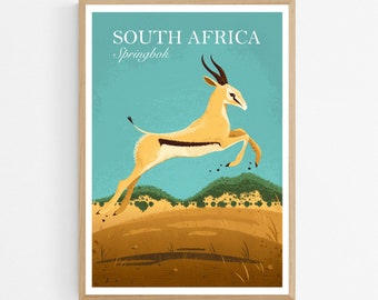 Springbok South Africa Travel Poster, National Park Art Print, Antelope Home Decor, Savanna Animal Illustration Wall Art