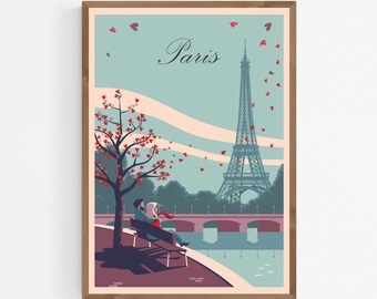 Paris Art Print, City of Love Travel Poster, France, Romantic City Illustration, French Wall Art, Eiffel Tower Home Decor