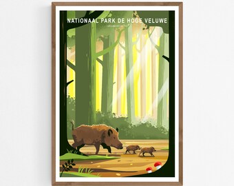 Wild Boar with Piglets in Forest Art Print, Hoge Veluwe National Park Poster, Animal Illustration, Travel Wall Decor