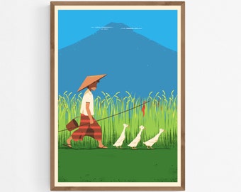Duck Herder with Ducks in Rice Field Art Print, Bali Travel Poster, Ducklings, Asia Birds Wall Art, Indonesia Illustration, Animal Decor