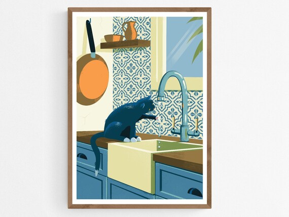 Black Cat in Kitchen with Azulejo Tiles and Faucet Art Print, Mediterranean Poster, Cat Playing Illustration, Cat Lover Gift, Wall Decor