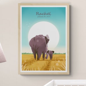 Impresión artística de elefante personalizada, decoración de pared para guardería, regalo para baby shower, regalo de cumpleaños, póster de elefante madre e hijo, animal africano