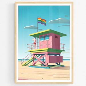 Peut inclure: Une affiche encadrée d'une station de sauveteurs sur une plage. La structure rose et verte est surmontée d'un drapeau arc-en-ciel flottant dans le ciel. Une personne se tient sur le balcon. L'œuvre est sur fond de ciel bleu avec des nuages blancs.