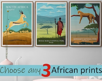 African Prints Set of Three, 3 African National Park Posters, Choose Any 3, Africa Wildlife Illustrations, African Animals Wall Art Bundle