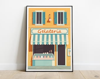 Gelateria Art Print, Italian Ice Cream Parlor Poster, Mediterranean Illustration, Italian Food, Kitchen Wall Decor, Retro Italy Gift