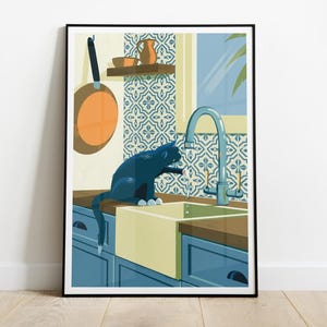Art print or poster of an illustration that shows a black cat playing with dripping water in a kitchen with Azulejo tiles, as can often be seen in Spain and Portugal. The art has a Mediterranean summer feel.