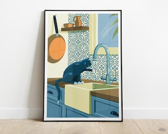 Black Cat in Kitchen with Azulejo Tiles and Faucet Art Print, Mediterranean Poster, Cat Playing Illustration, Cat Lover Gift, Wall Decor