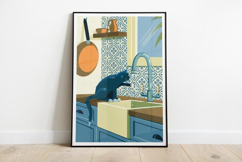 Art print or poster of an illustration that shows a black cat playing with dripping water in a kitchen with Azulejo tiles, as can often be seen in Spain and Portugal. The art has a Mediterranean summer feel.
