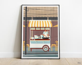 Thai Street Food Stall Art Print, Bangkok Travel Poster, Thailand Illustration, Thai Food Truck, Kitchen Wall Decor, Asian Cuisine, Gift