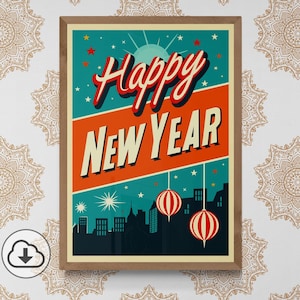 Affiche ou Carte Bonne Année imprimable, Télécharger, Enseigne fête MidCentury Modern, Art rétro années cinquante, Réveillon de Nouvel an