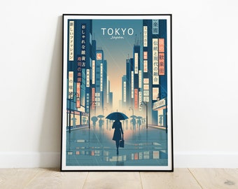 Tokyo Japan Art Print, Rainy Street in Shinjuku Travel Poster, 1950s Style Illustration, Nostalgic Colors, Japanese Wall Decor, Retro Gift