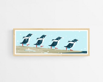 Panoramic Penguin Poster for Nursery, Kitchen, Bathroom, Snowy Beach, Penguins Art Print, Antarctica Long Wall Decor, Horizontal Panorama