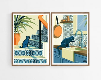 2 Black Cat and Azulejo Tiles Art Prints, Set of 2, Mediterranean Posters, Gift, Original Cat Illustrations, Summer Wall Decor Bundle