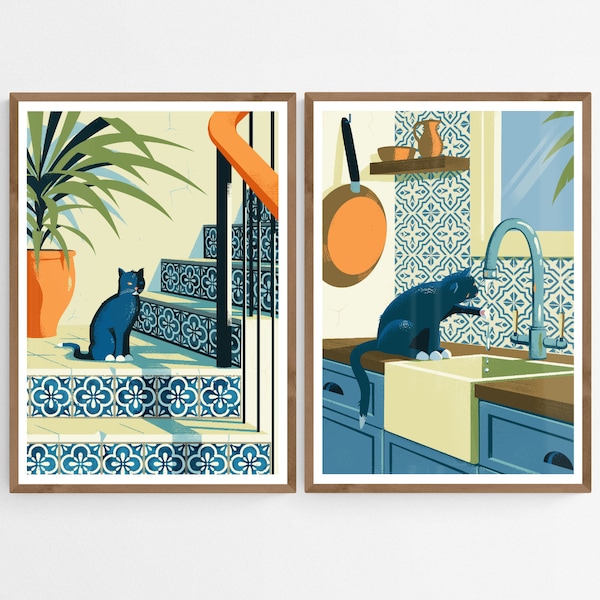 2 Black Cat and Azulejo Tiles Art Prints, Set of 2, Mediterranean Posters, Gift, Original Cat Illustrations, Summer Wall Decor Bundle
