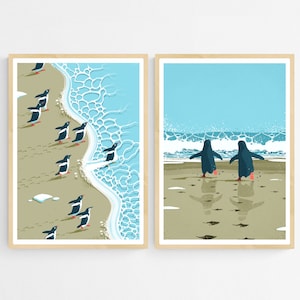 2 láminas artísticas invernales, juego de 2 de pingüinos en la playa, arte mural costero antártico, decoración de pared con pingüinos para guardería, paquete de pósteres para sala de estar