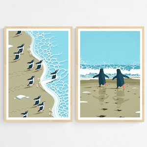 2 Winter Art Prints, Penguin Beach Set of 2, Antarctic Coastal Wall Art, Nursery Penguins Wall Decor, Living Room Posters Bundle