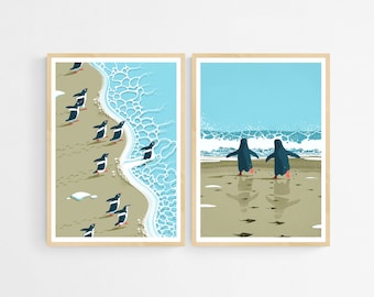 2 Winter Art Prints, Penguin Beach Set of 2, Antarctic Coastal Wall Art, Nursery Penguins Wall Decor, Living Room Posters Bundle