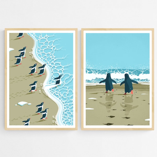 2 Affiches d'Hiver, Pingouin Plage Lot de Deux, Décoration Murale d'Hiver Antarctique, Illustrations de Pingouins pour Pépinière ou Salon