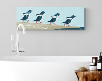 Aluminum Penguin Print for Bathroom, Kitchen or Nursery, Panoramic Metal Print, Antarctica Horizontal Wall Decor, Adelie Penguins Art