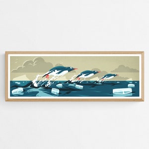 Impresión artística panorámica de pingüinos, arte mural de pingüinos nadando, decoración de pared larga y estrecha de la Antártida, póster de la Antártida, ilustración panorámica