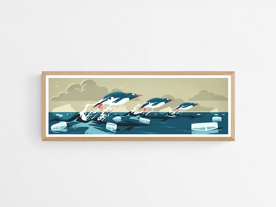 Penguins Swimming Panoramic Art Print, Antarctica Wall Decor