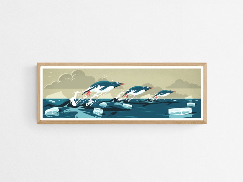 Long horizontal poster or art print with artwork of three gentoo penguins that are making speed between the ice floes in the ocean around Antarctica. The panorama has shades of beige, white and blue colors.