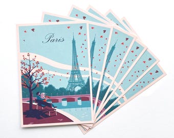 Paris with Love Cards, Set of 6 – A6 France Illustration, Six French Art Postcards, Romantic Greeting Cards