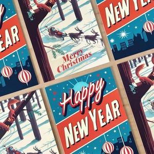 6 Cartes Postales de Noël et du Nouvel An, Lot de Six Cartes de Vœux Retro Style Années 1950, Ensemble de 2 x 3 Cartes Mid Century Modern
