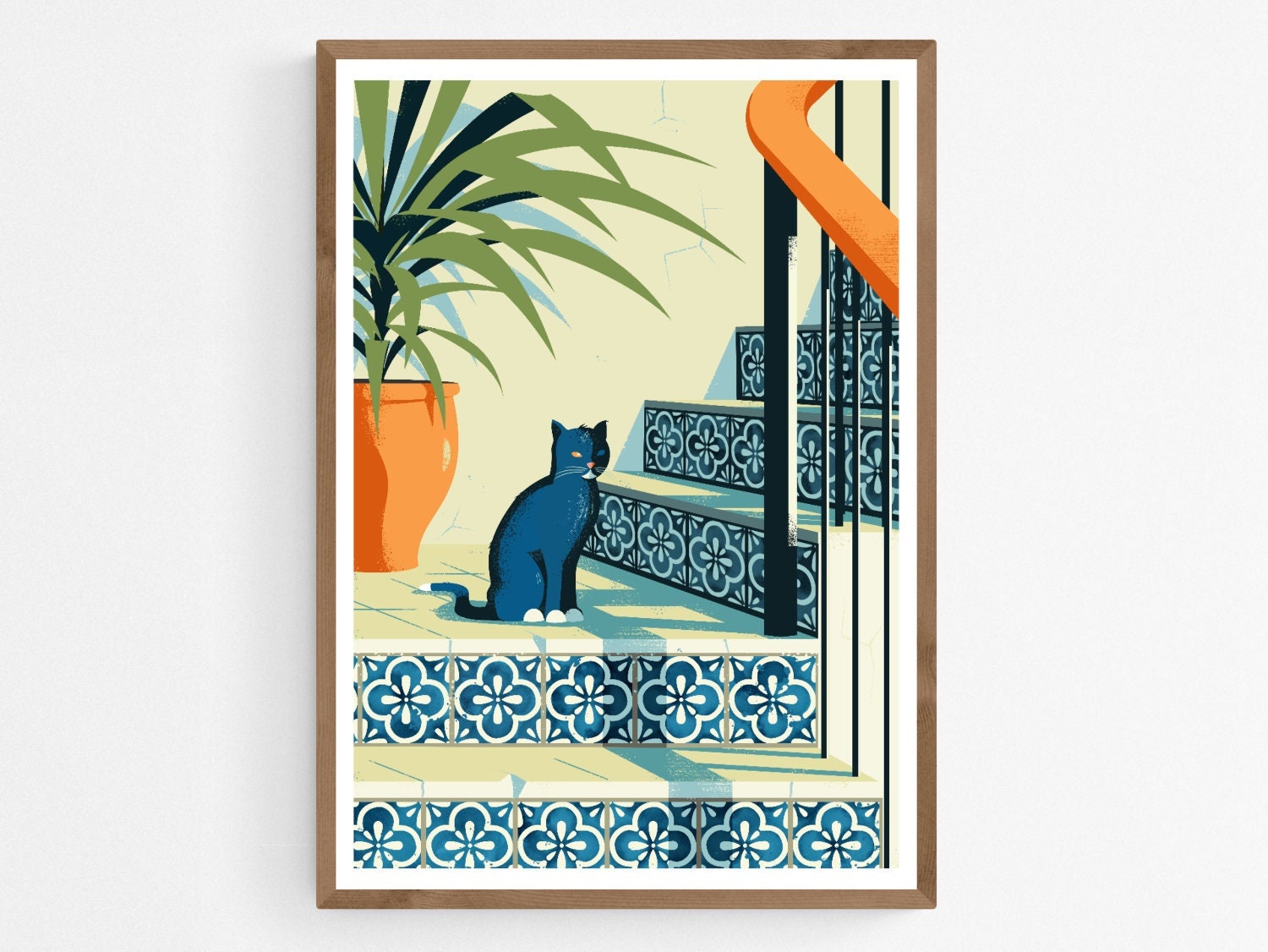 Black Cat on Stairs with Azulejos Tiles Art Print | Mediterranean Poster | Gift | Original Cat Illustration | Wall Home Decor Handmade