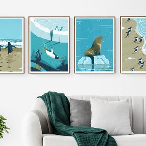 4 Antarctic Animals Art Prints, Set of 4 Posters, Choose Any Penguin Orca Seal Posters, Antarctica Illustrated Series, Decor Bundle