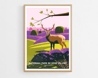 Jeleń w Heathland Art Print, Hoge Veluwe National Park Plakat, Animal Illustration Wall Decor, Dutch Nature Travel Poster