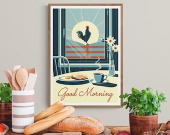 Good Morning Art Print, Breakfast Poster, Farmhouse Decor, Retro Bed and Breakfast Illustration, Coffee and Toast Kitchen Wall Art, Gift