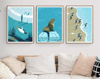 3 Antarctic Animals Art Prints, Set of 3 Special Deal, Choose Any, Antarctica Illustrated Series, Penguins Orcas Seal Decor, Posters Bundle