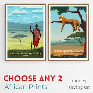 Set di due stampe africane, 2 poster di viaggio sui parchi nazionali africani, scegli 2 poster di animali, illustrazioni della fauna selvatica africana, decorazioni da parete