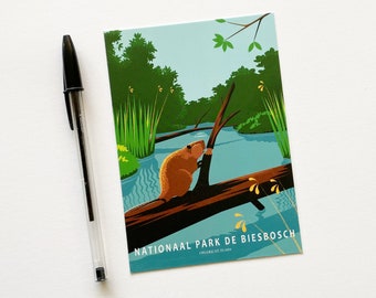 Bever Ansichtkaart, Nationaal Park De Biesbosch Kaart, Natuur in Nederland Illustratie, A6 Dieren Kaart, Souvenir