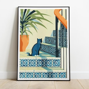 Schwarze Katze auf Treppen mit Azulejos Fliesen Kunstdruck, Mediterranes Poster, Geschenk, Original Katze Illustration, Wandkunst
